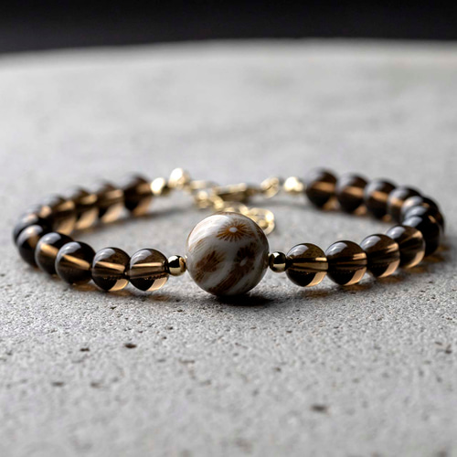 一点物　天然石　ハンドメイドブレス　フォッシルコーラル　水晶　スモーキークォーツ フォシルコーラル / スモーキークォーツ 煙水晶 天然石アクセサリー