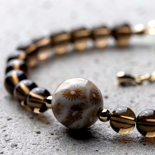 一点物　天然石　ハンドメイドブレス　フォッシルコーラル　水晶　スモーキークォーツ フォシルコーラル / スモーキークォーツ 煙水晶 天然石アクセサリー