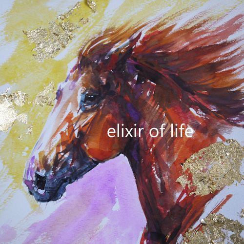 炎の馬2026（高級水彩画用紙 29cm×21cm、墨、水彩、金箔