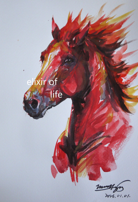 炎の馬2、2026（薄めの水彩画用紙、28cm×20cm、水彩