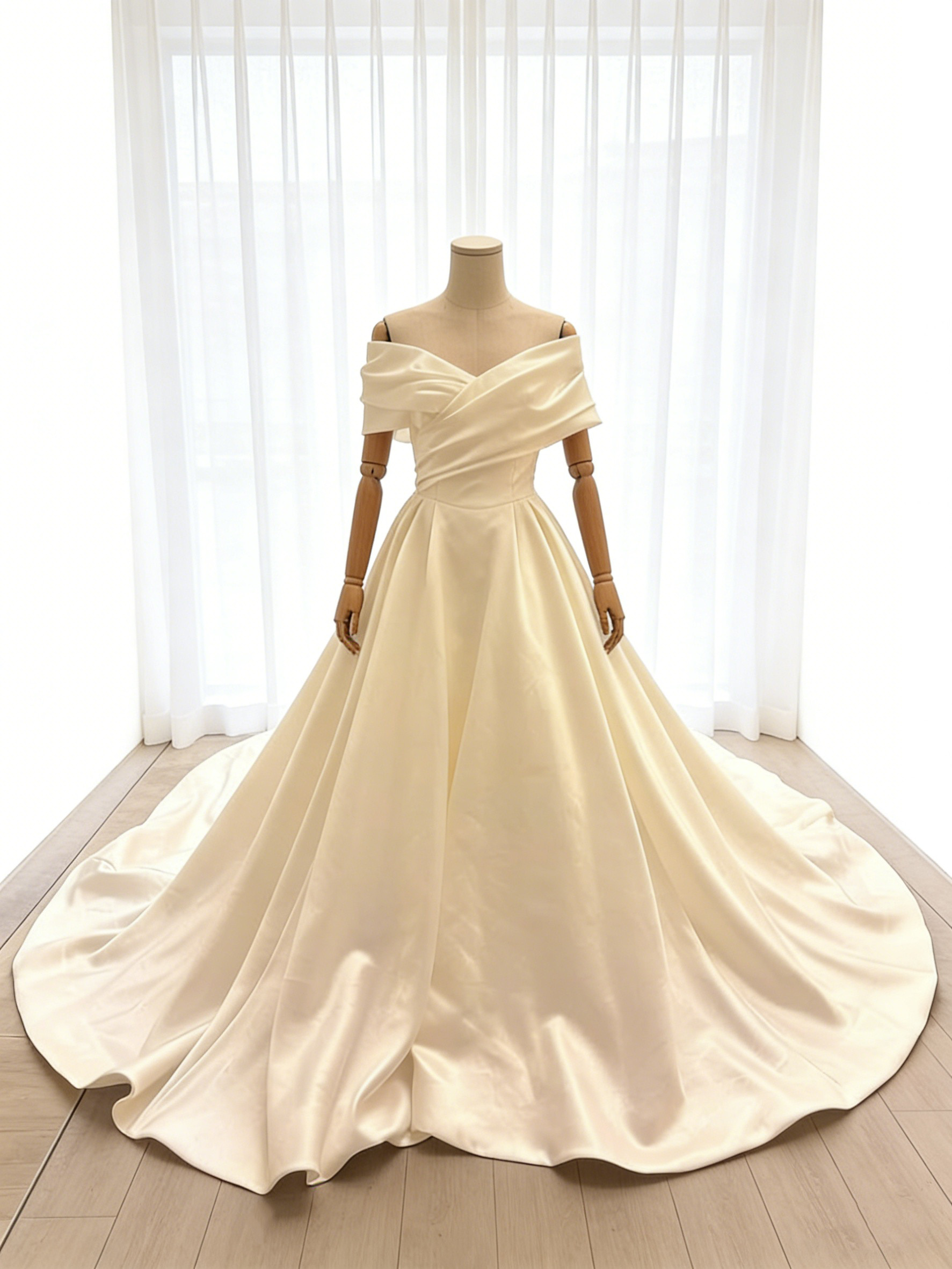 送料無料！ウェディングドレス アイボリー オフショルダー ミカドサテン 結婚式 ハンドドレープ ロングトレーン