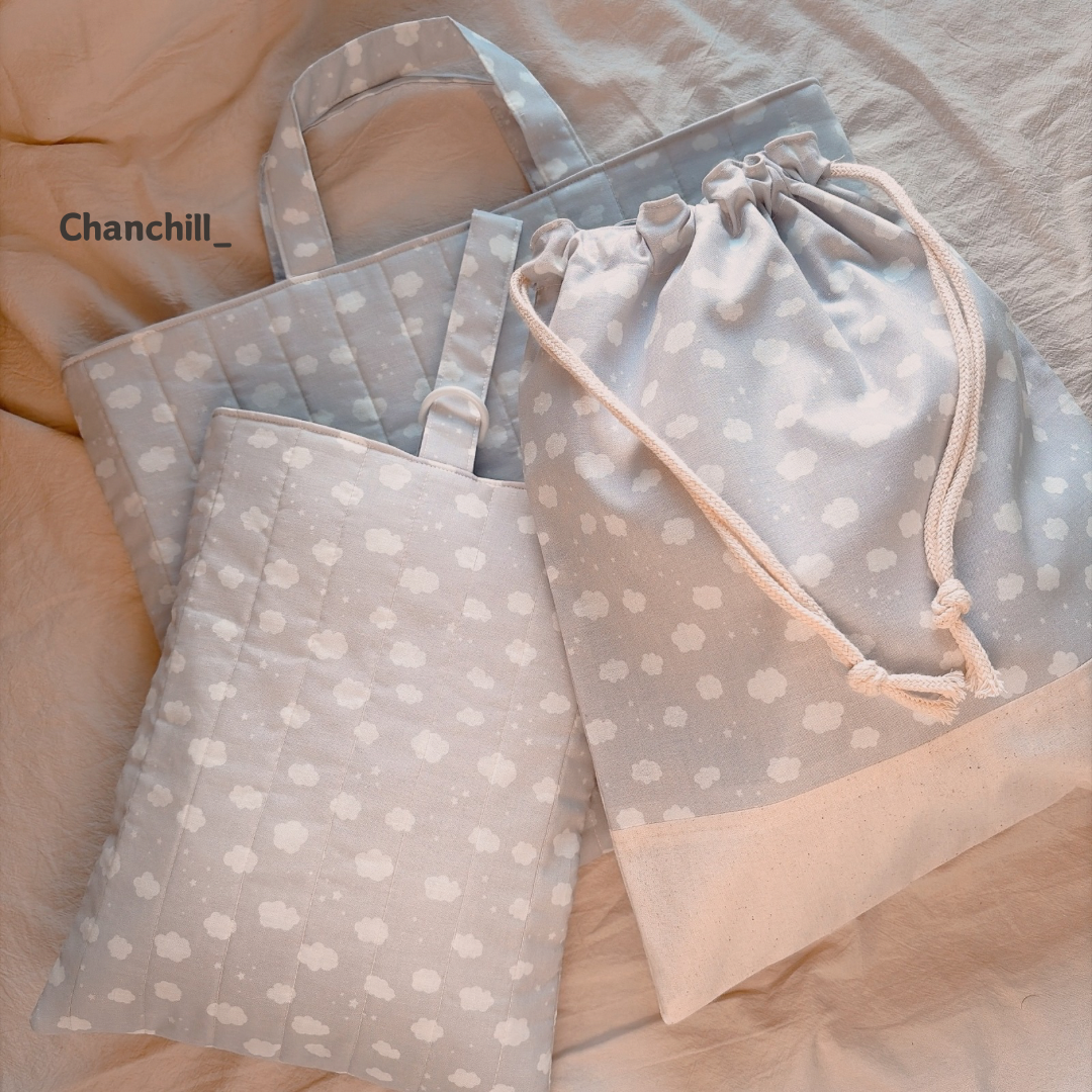 入園入学準備＊雲柄 入園入学3点セット　忙しいママも安心｜長く使えるナチュラルデザイン　レッスンバッグ　上履き入れ