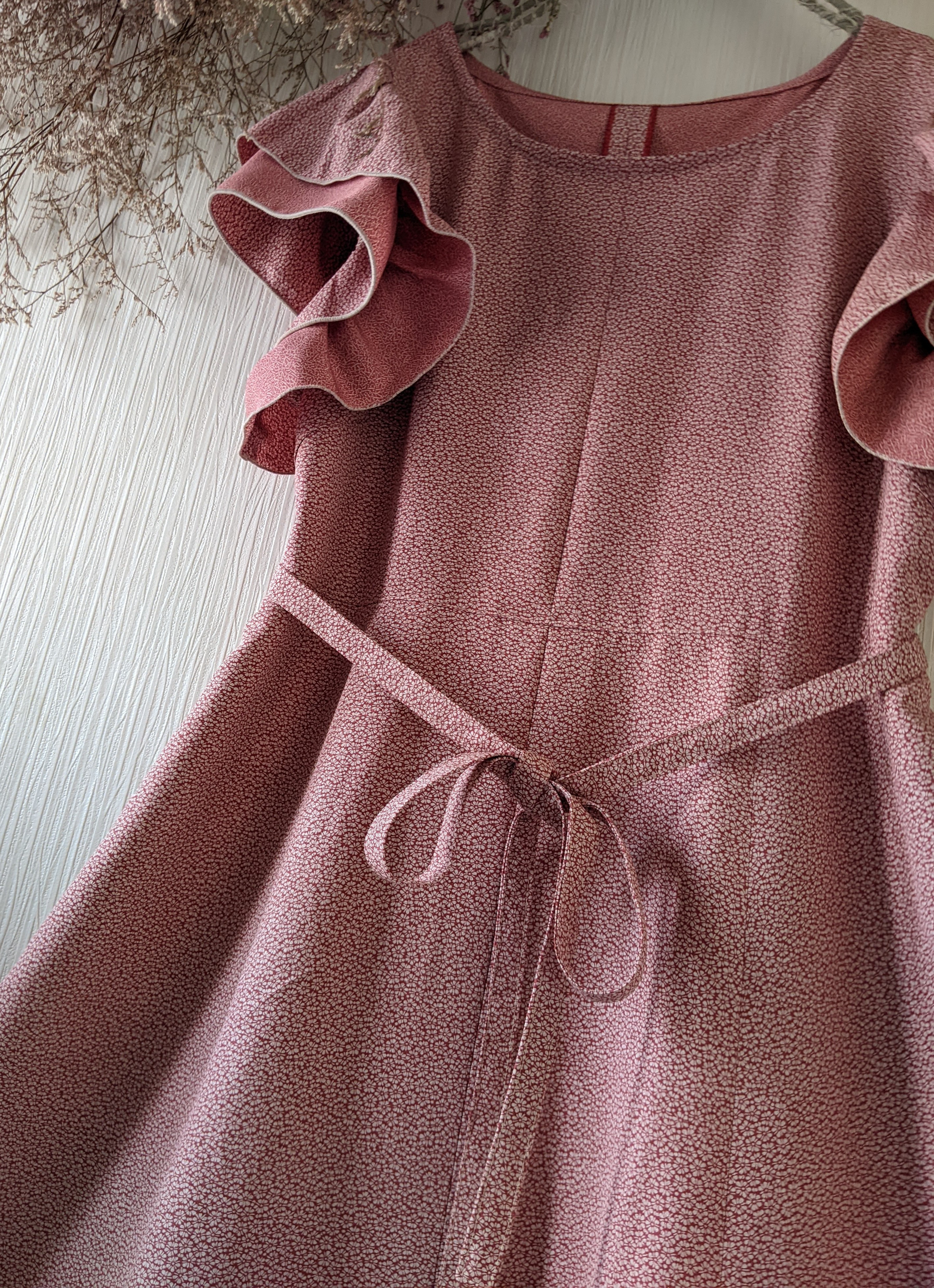 着物リメイク♪お持ちのお着物から受注制作♪ダブルフリルギャザー袖♪Aラインワンピース♪♪絹シルク紬.小紋.付下げ.留袖