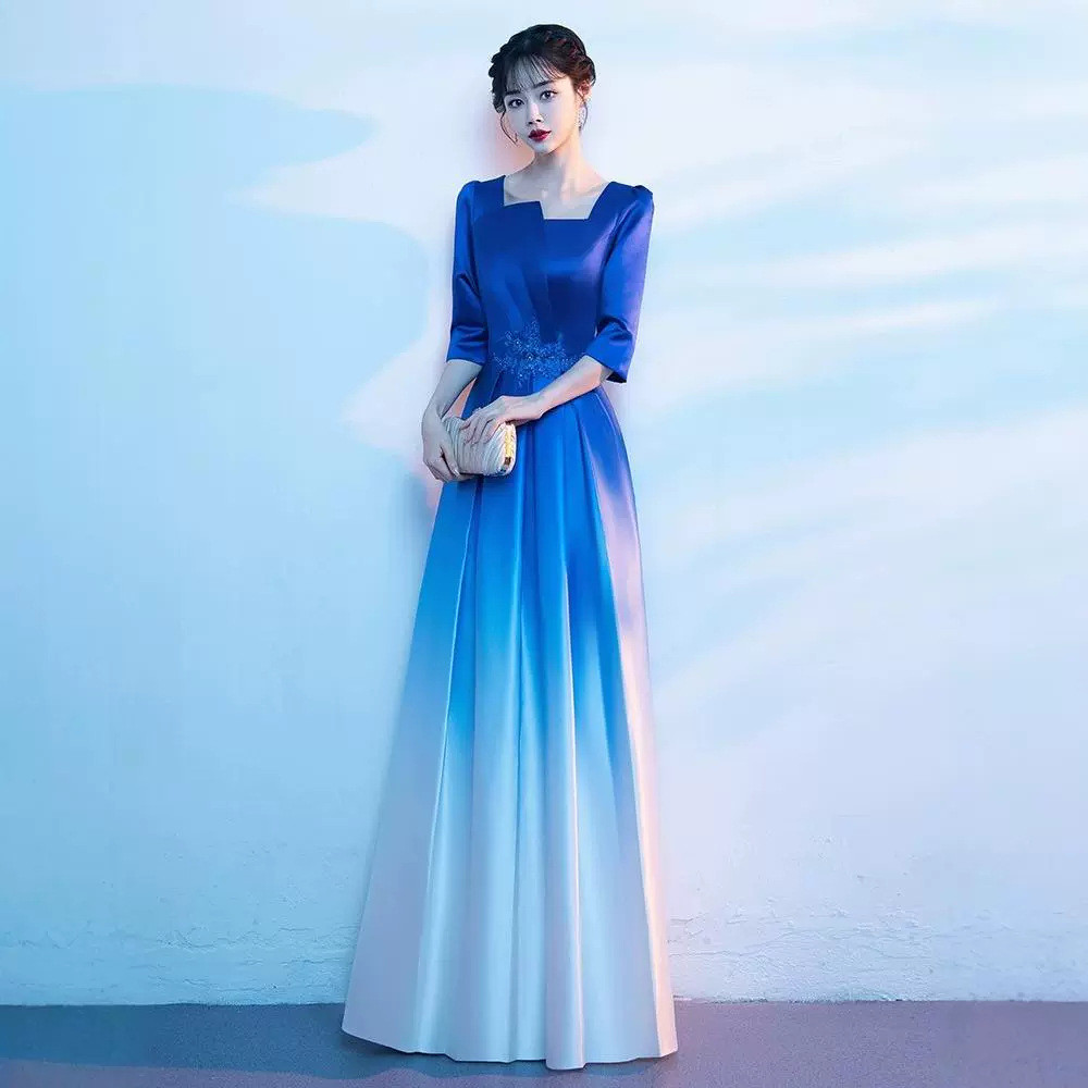 高級感 パーティードレス 青 赤 半袖 シンプル 優雅 韓国風 大合唱 謝恩会 前撮り 二次会 お呼ばれ AK711