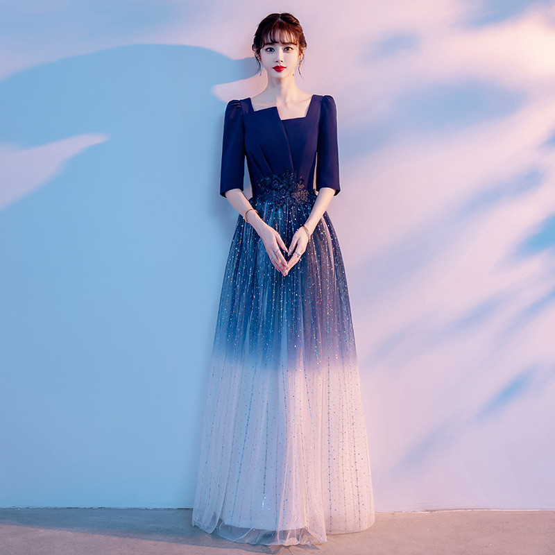 高級感 パーティードレス 青 赤 半袖 シンプル 優雅 韓国風 大合唱 謝恩会 前撮り 二次会 お呼ばれ AK712