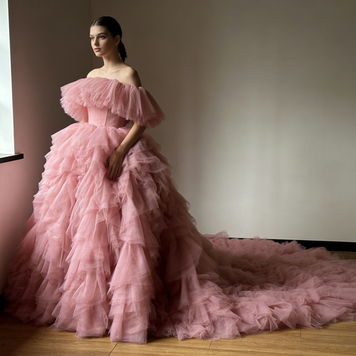 もこもこ ピンク カラードレス リボン チュールドレス フリルオフ