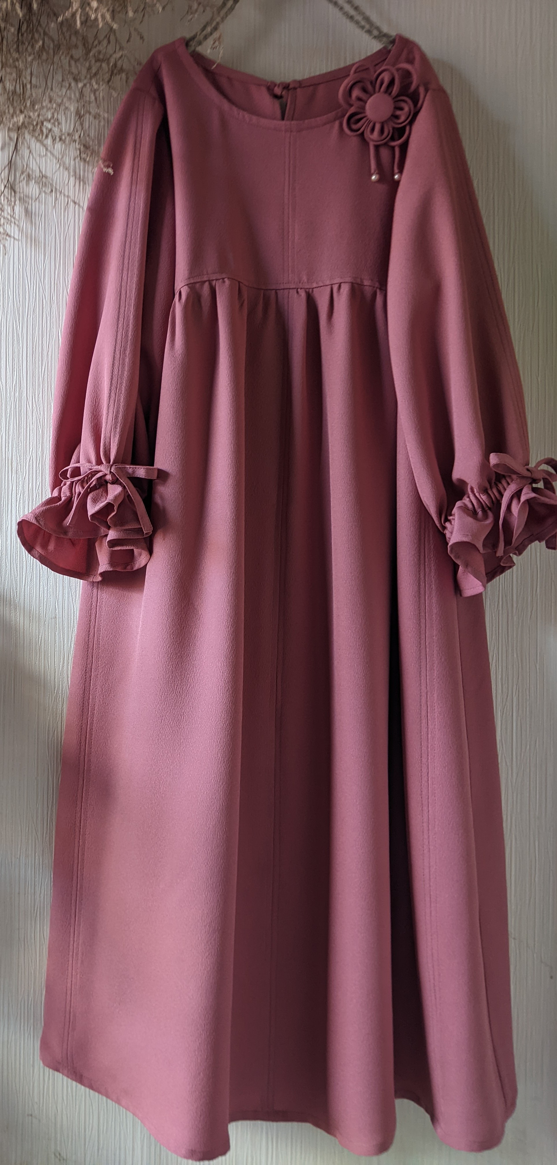 着物リメイク♪お持ちのお着物から受注制作♪フレアーギャザーAラインふんわりワンピース♪袖口リボンパフスリーブ♪