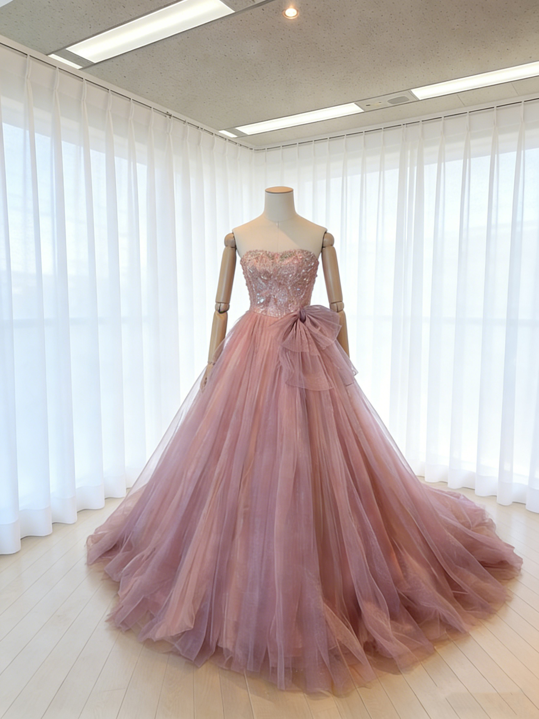 送料無料！カラードレス ベアトップ リボン 3D立体レース刺繍 ピンク チュールスカート　プリンセスライン  花嫁