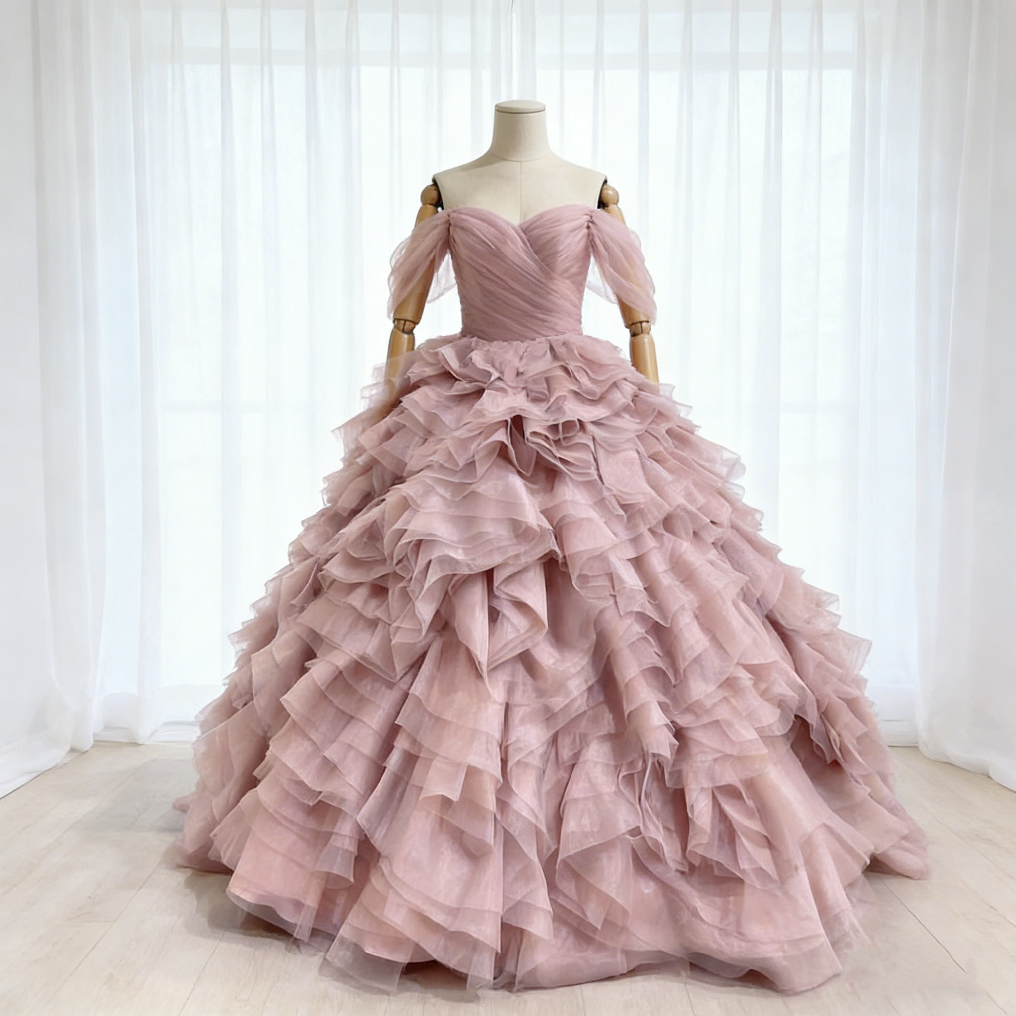 送料無料！カラードレス ピンク オフショルダー  もこもこドレス フレアスカート プリンセスライン ハンドドレープ 花嫁