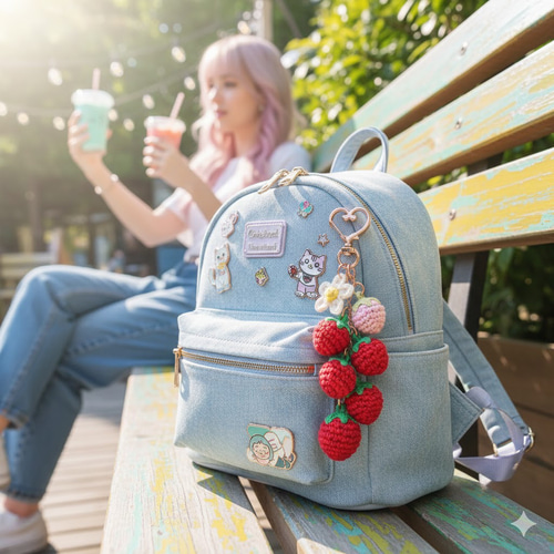 No．907 2way♡チャーム付き イチゴじゃらじゃらキーホルダー