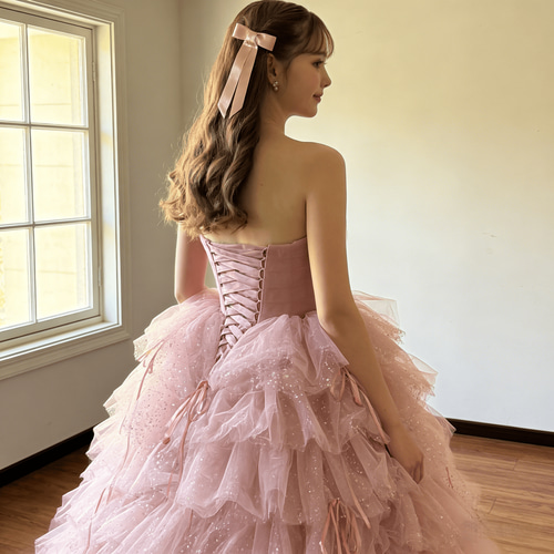 送料無料！カラードレス ピンク ベアトップ ティアードのドレス