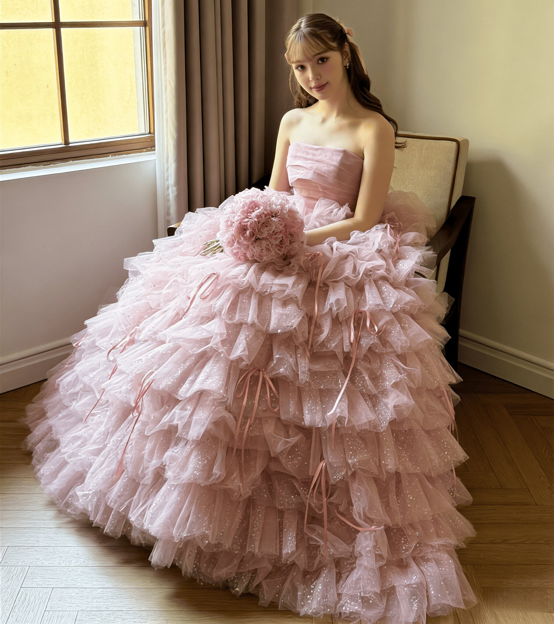 送料無料！カラードレス ピンク ベアトップ ティアードのドレス