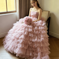 送料無料！カラードレス ピンク ベアトップ ティアードのドレス