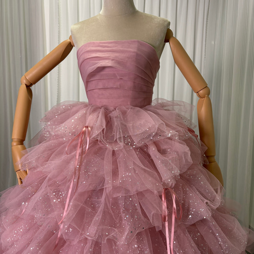 送料無料！カラードレス ピンク ベアトップ ティアードのドレス