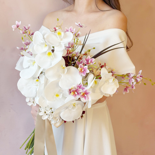 ブーケ　胡蝶蘭　ウェディング　ブライダル　前撮り 胡蝶蘭キャスケードブーケ ブライダル アートフラワー 造花 前撮り 033