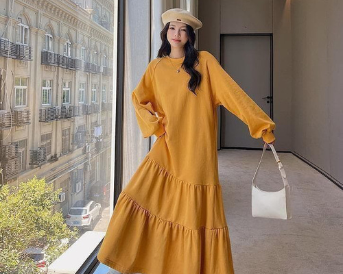 大きいサイズ レディース 秋 冬 ロング ワンピース イエロー 新品 長袖