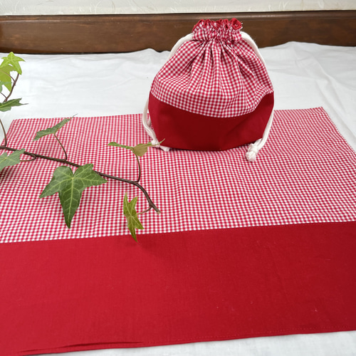 ギンガムチェック フリル コップ入れ ランチョンマット ハンドメイド