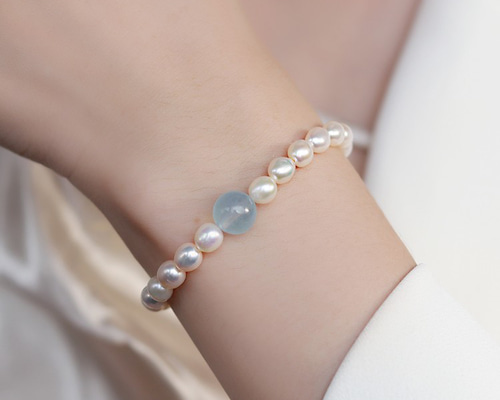 淡水パールのブレスレット アクアマリン バングル 淡水真珠 パール 3月