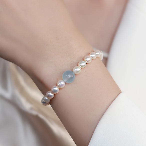 みっちゃん◇レクタングルモスアクアマリン×淡水パールブレスレット
