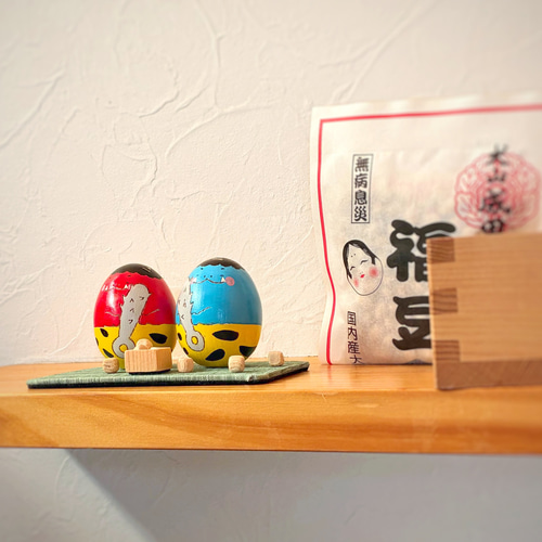 節分 置物 木製｜節分飾りセット 国産ひのき 鬼坊（赤鬼・青鬼）ミニ枡