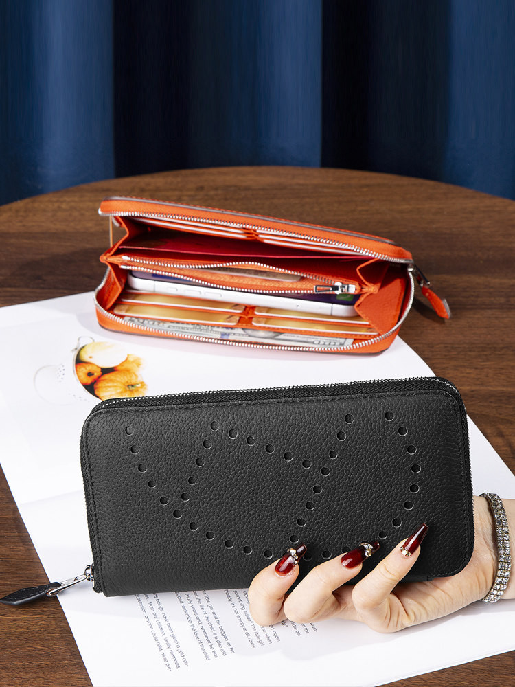 「高級純牛皮製ロングジッパー財布 多カードスロット・大きな紙幣収納部 男女兼用 表裏ともに本革製 スマホ収納可能なウォレ