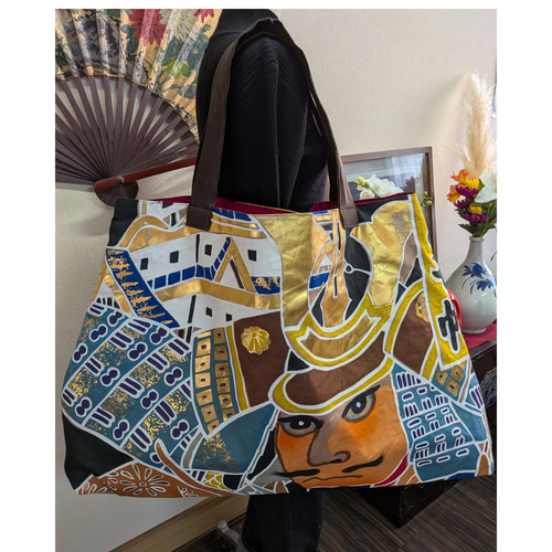 のぼり旗の柿渋染め　特大トートバッグ　　古布リメイク のぼり旗の柿渋染め特大トートバッグ 古布リメイク トートバッグ 着物