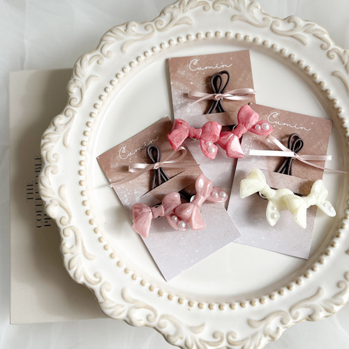 リボン パール ヘアゴム ツインテール 2点セット キッズ 淡色 子供