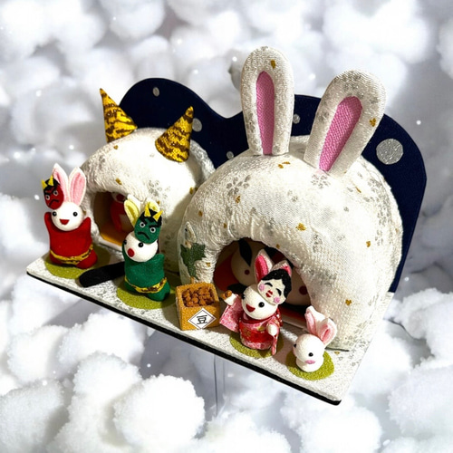 ちりめん細工　秋のうさこさん　ぱんぱん ちりめん細工「うさ耳かまくらの節分」 その他置物 黒ごまきなこ 通販