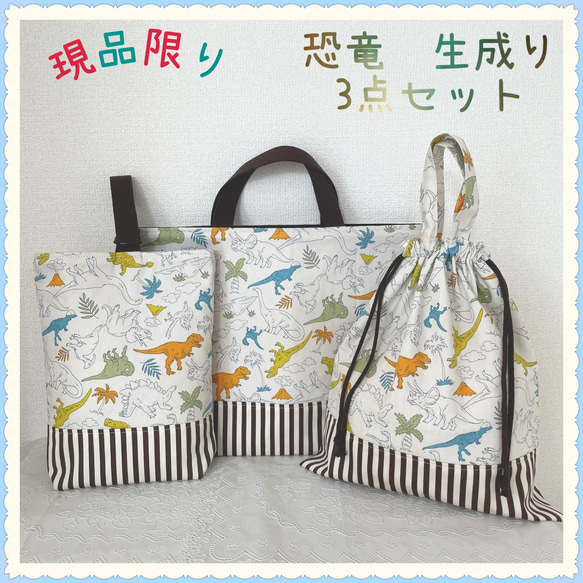 現品限り】【3点セット】レッスンバッグ 上履き入れ《カラフル 恐竜