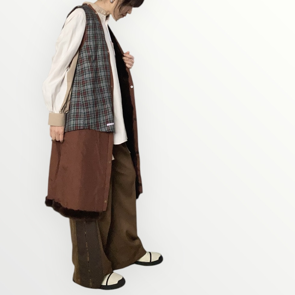 リアルファー×チェック リバーシブルロングベスト【リメイク1点物】