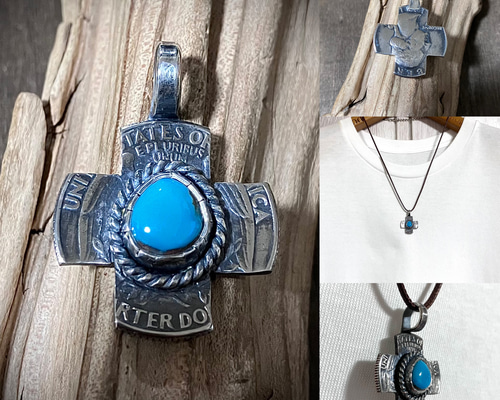 ロイストン ターコイズ ヴィンテージコイン クロス シルバー