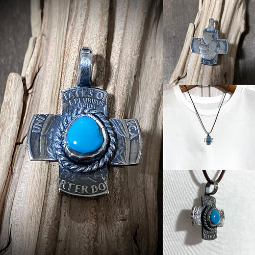 ロイストン ターコイズ ヴィンテージコイン クロス シルバー