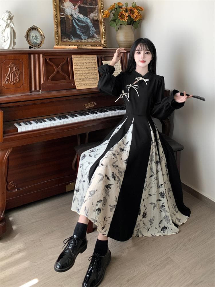 新品 大きいサイズ 3L Aラインワンピース ロング丈 花柄 黒レトロ長袖秋冬w