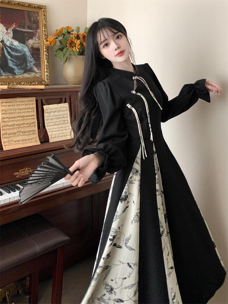 新品 大きいサイズ 3L Aラインワンピース ロング丈 花柄 黒レトロ長袖秋冬w