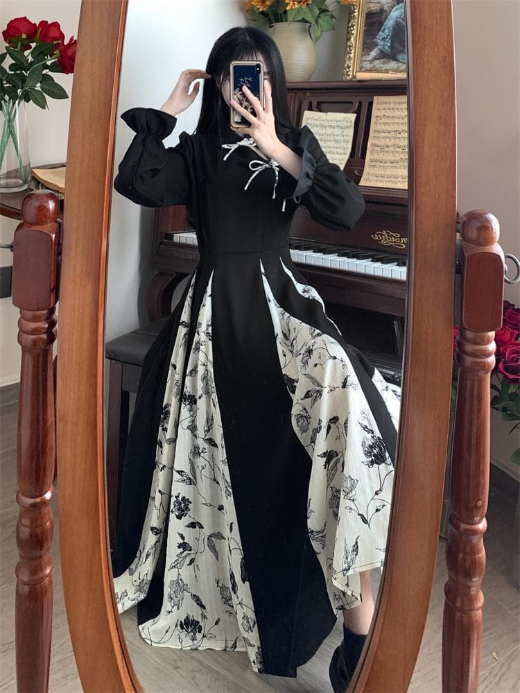 新品 大きいサイズ 3L Aラインワンピース ロング丈 花柄 黒レトロ長袖秋冬w