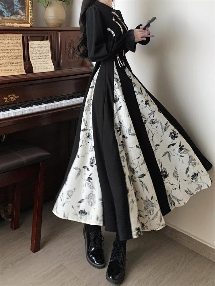 新品 大きいサイズ 3L Aラインワンピース ロング丈 花柄 黒レトロ長袖秋冬w