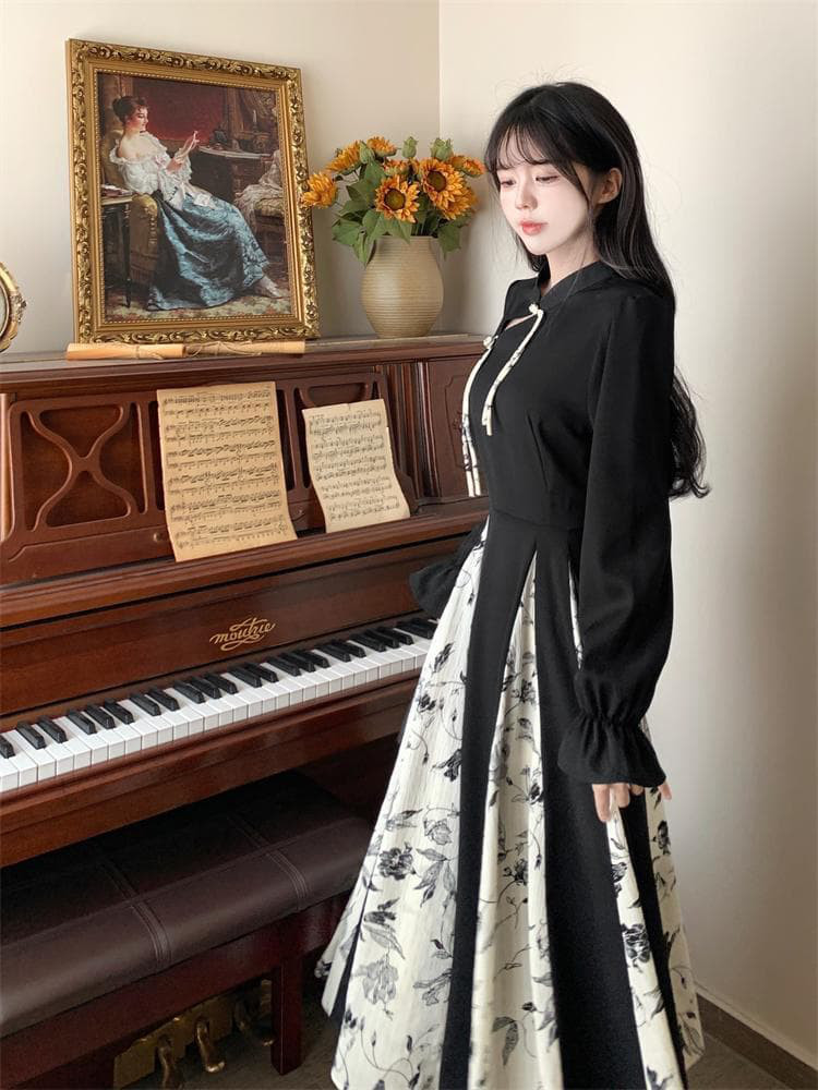 新品 大きいサイズ 3L Aラインワンピース ロング丈 花柄 黒レトロ長袖秋冬w