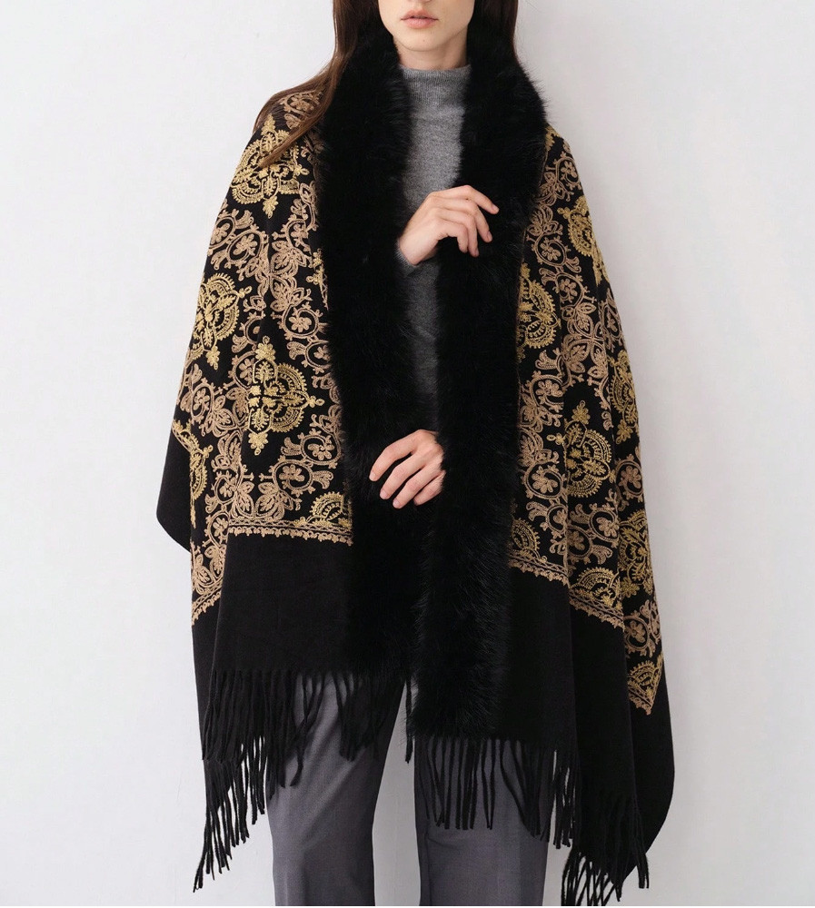 【受注制作】リアルファー付き エスニック刺繍の大判ストール マフラー ブラック