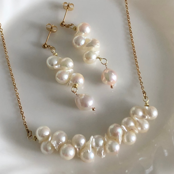 金属アレルギー対応 天然 あこや 本真珠 バロック パール ピアス