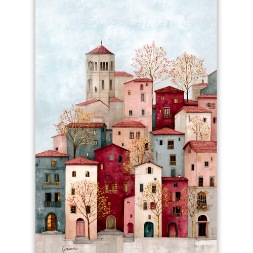 春の町【 くすみ色の丘の家 】 春景色 くすみカラー インテリア アート