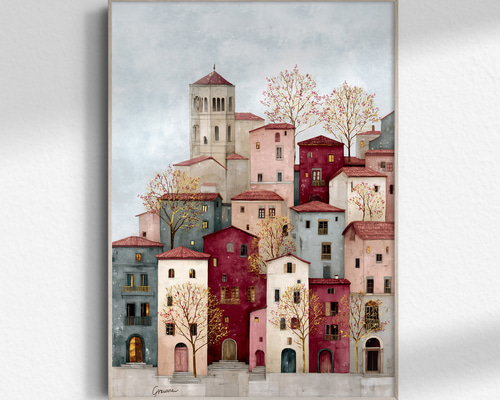 春の町【 くすみ色の丘の家 】 春景色 くすみカラー インテリア アート