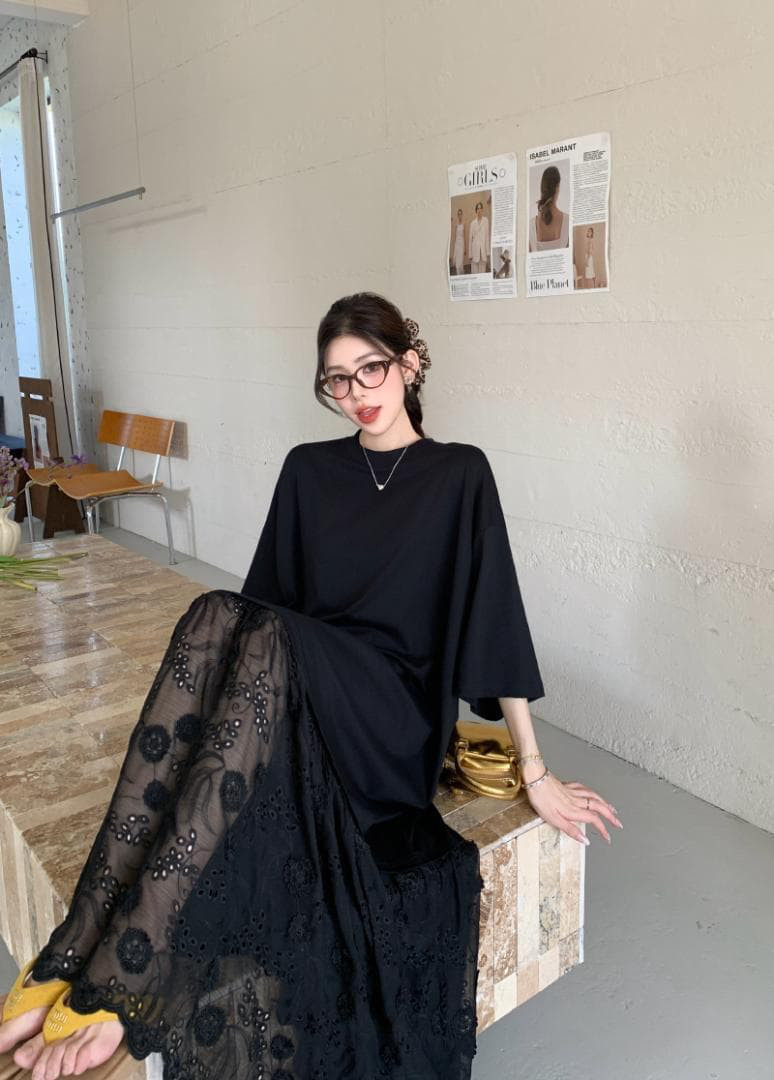 【新品】大きいサイズ夏服レース裾ワンピースゆったり半袖 4L体型カバー