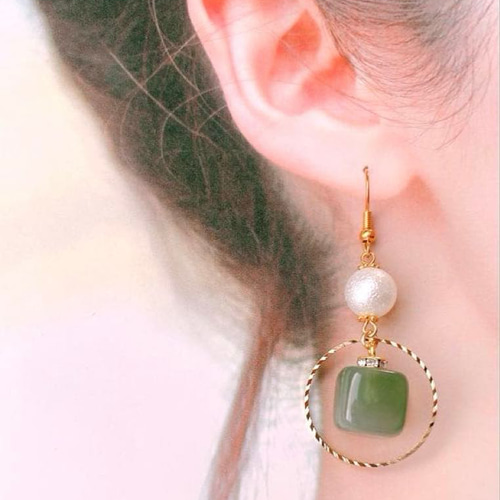 Ruby】希少石リーフグリーンオパールの大粒ピアス/イヤリング Ruby