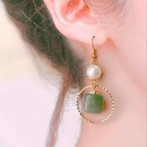 No.1737】グリーン 大理石風 キューブ サークル ピアス ピアス（フック