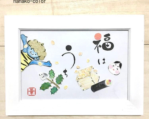 原画】節分！○。水彩イラスト コラージュ アートフレーム 壁飾り