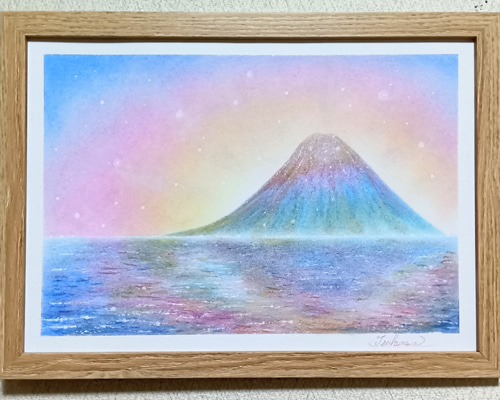 A4】パステルアート 赤富士染まる曙の光彩 パステル画原画 富士山