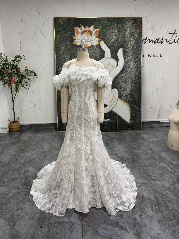 高品質マーメイドライン　ウェディングドレス　オフショルダー3D立体レース刺繍 高品質！ウエディングドレス ホワイト マーメイドライン 3D立体レース