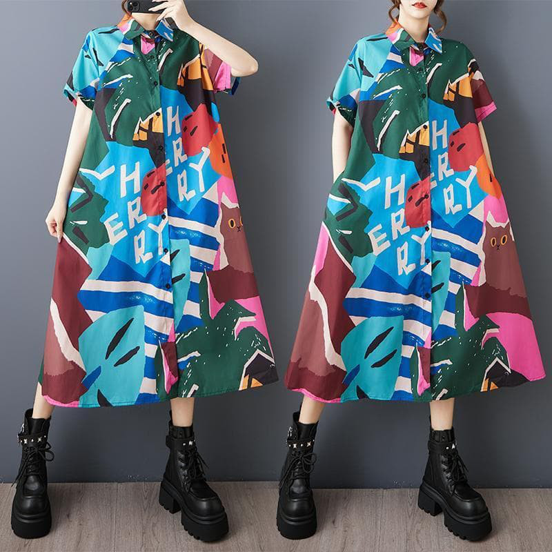 ❤️大きいサイズ❤️カラフル　猫柄　ワンピース　レディース 春夏　新品 半袖