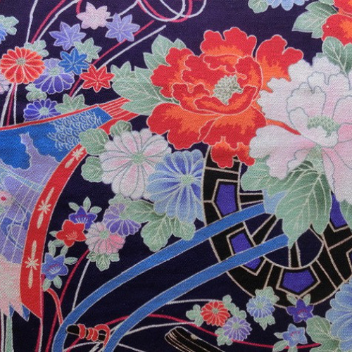 古布＊正絹一越縮緬・超美品＊鼓・源氏車・牡丹＊36x120cm