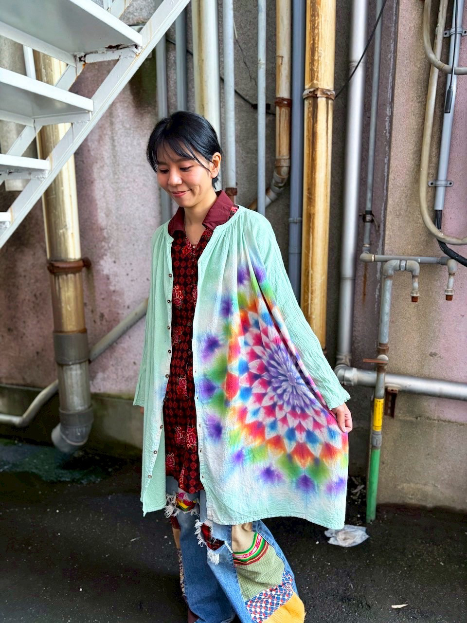 タイダイ染め 前開きワンピース 翡翠色 幻想的で華やかな大曼荼羅 HD25-28